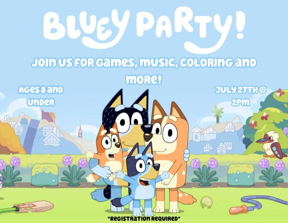 Bluey Party. Saturday, July 27th | 2-3pm. Bluey! Play dance mode, keepy-uppy and the claw while celebrating all things Bluey! Take pictures with Bluey and Bingo and stay for a dance party! Just like Bluey says, “Eeee! I’m so excited!” For rising 2nd graders and under with an adult.